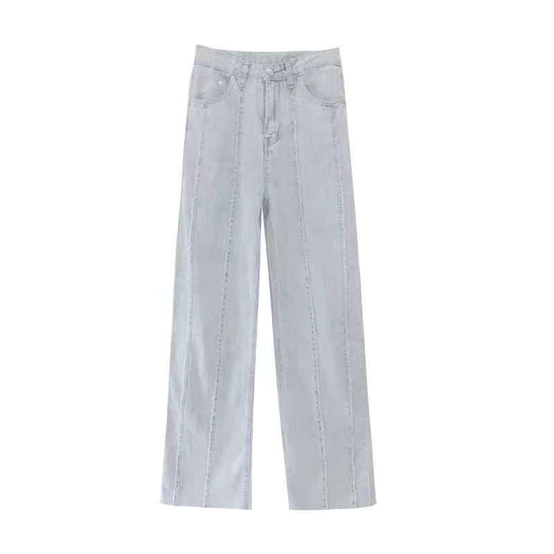 American retro raw edge design jeans women's loose straight wide-leg pants high waist drape mopping pants trousers