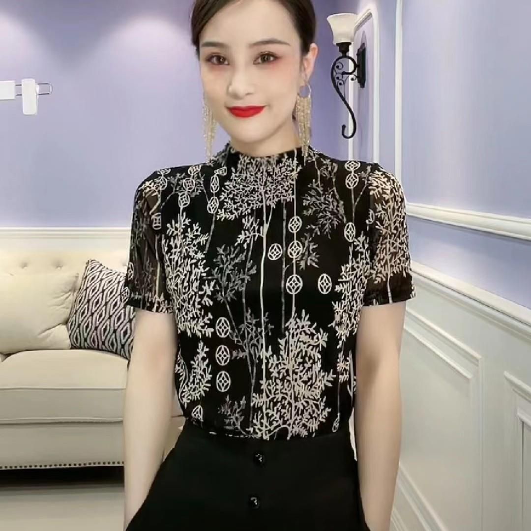 2022新款氣質減齡復古印花網紗t恤女夏修身顯瘦半高領打底衫上衣