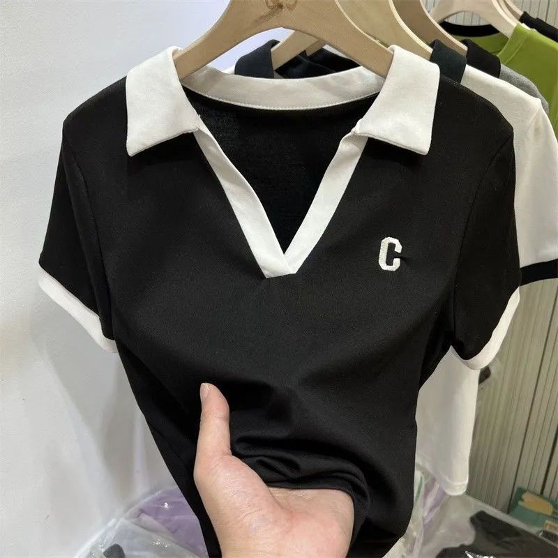 European goods color contrast lapel letter embroidery short-sleeved T-shirt women's  summer new Harajuku Polo shirt trendy