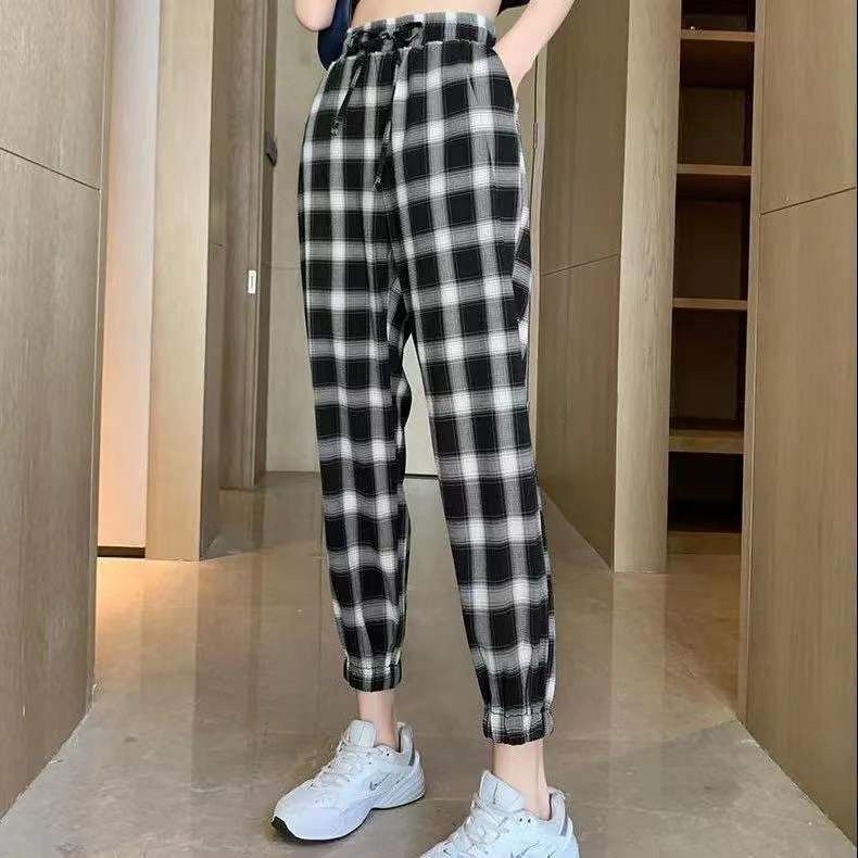 格子九分哈倫小腳褲女韓版寬鬆百搭休閒褲顯瘦蘿蔔褲2022夏季新品