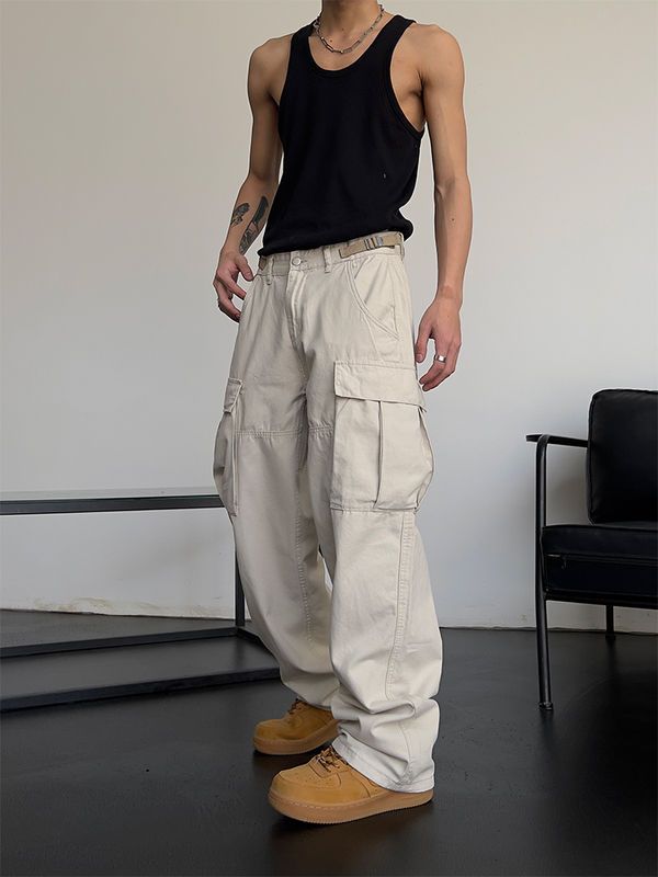 Handsome white pants men's summer thin ins loose versatile trendy workwear casual pants straight wide leg men's pants