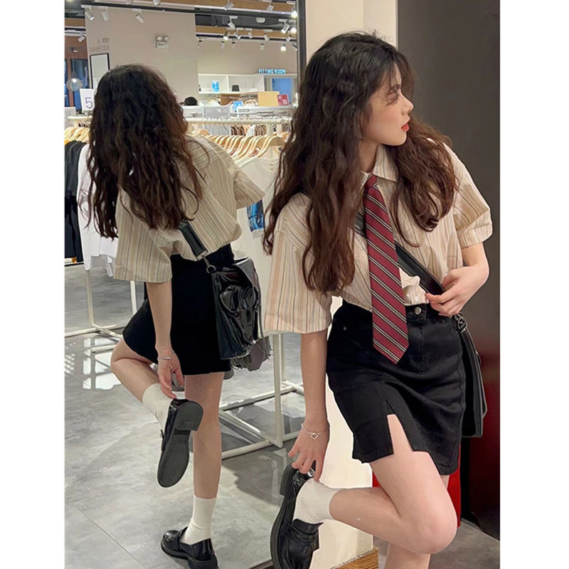 兩件套裝/單件復古條紋襯衫夏季港風學生上衣領帶修身開叉半身裙