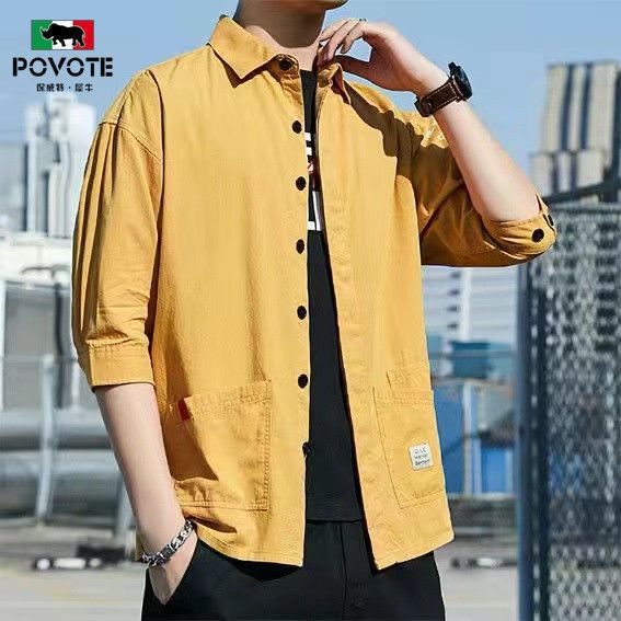 Poweite Rhino Light Luxury Men's Summer Workwear Shirt Loose Short-sleeved Seven-point Shirt Casual Large Size Workwear Trend
