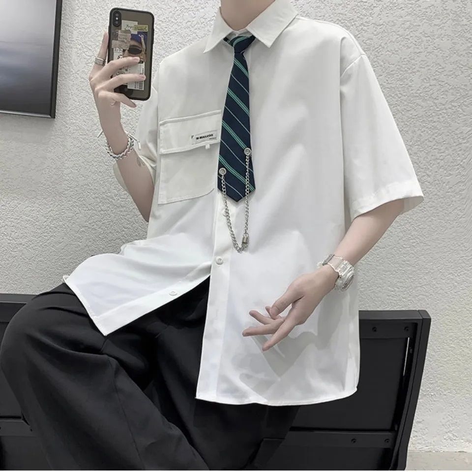 College style DK uniform white shirt men's short-sleeved ruffian handsome summer loose casual Hong Kong style Japanese shirt class uniform set