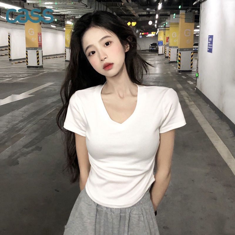 CASS純棉純欲風V領T恤女夏季韓版修身顯瘦不規則白色短款短袖上衣