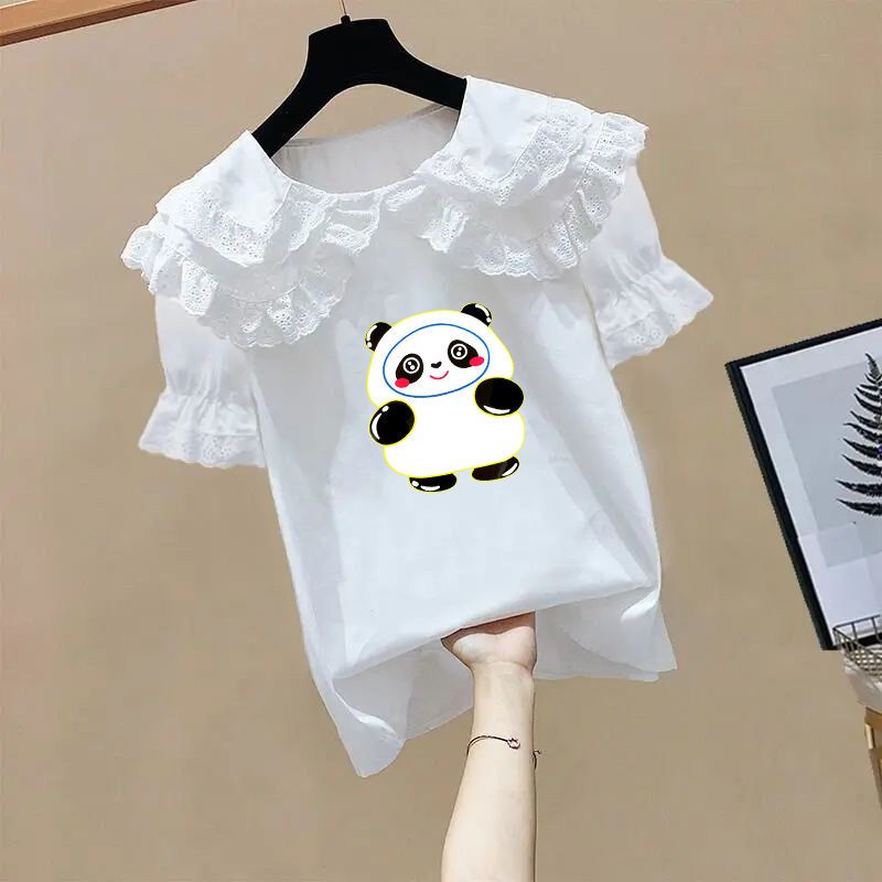 中大童白色短袖雪纺衫女童2023夏季新品娃娃领透气衬衫上衣童装