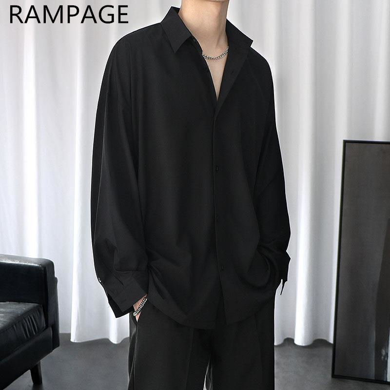 Rampage黑色衬衫男长袖韩版男士外套休闲男士垂坠感白衬衣男宽松