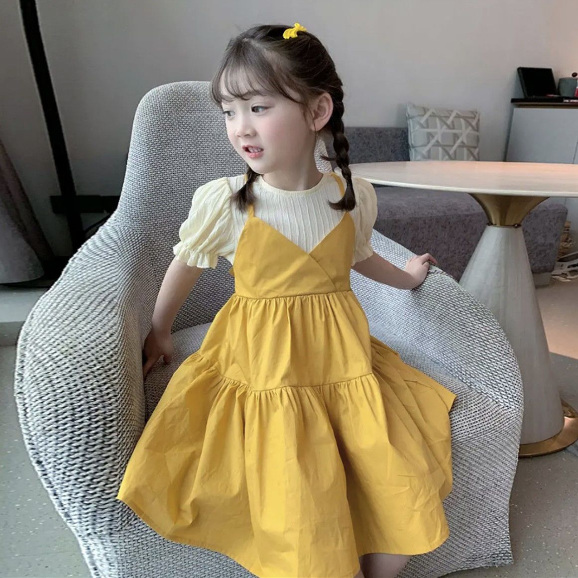 女童短袖假兩件連衣裙2023夏裝可愛氣質時髦公主裙女寶寶中長裙