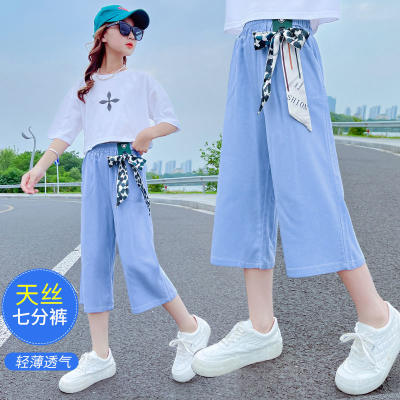 女童天絲牛仔七分褲夏季新款兒童中大童闊腿褲薄款裝女孩寬鬆中褲