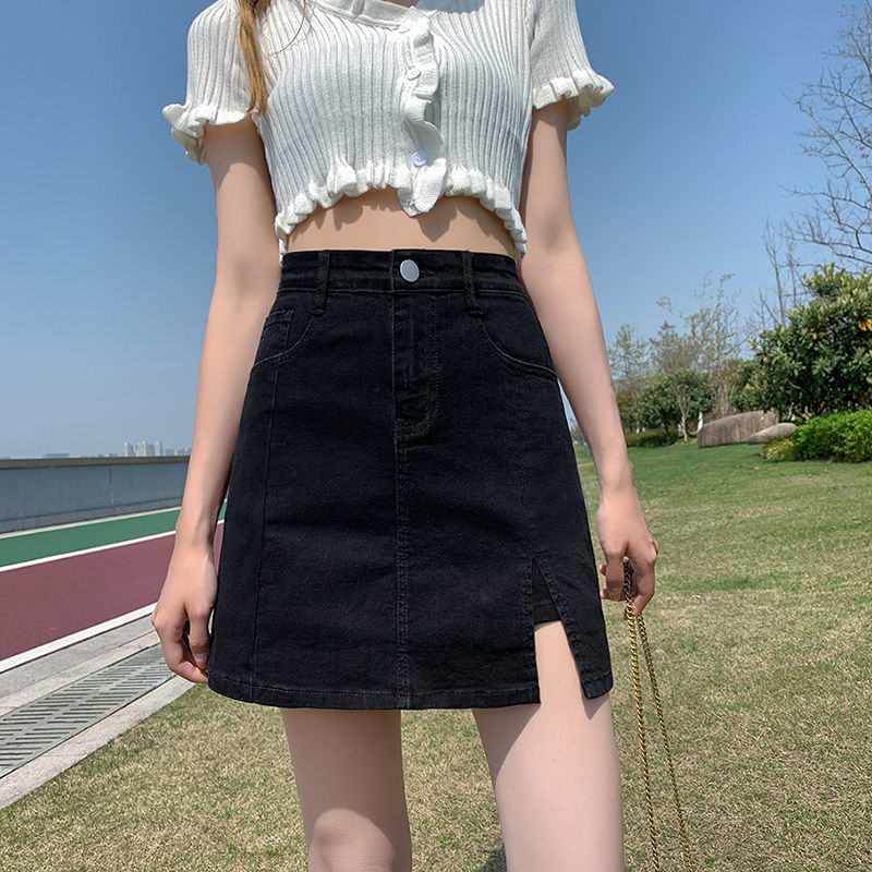 Black high-waist slit denim skirt for women summer new slimming A-line elastic hip-covering short skirt to prevent exposure