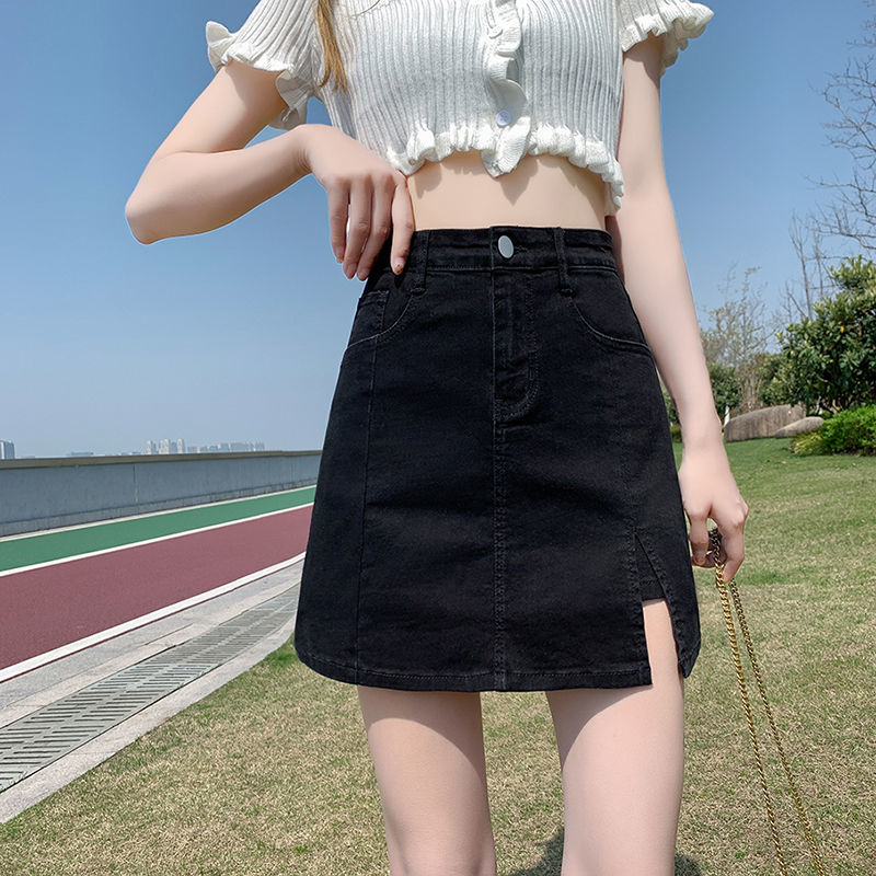 Black high-waist slit denim skirt for women summer new slimming A-line elastic hip-covering short skirt to prevent exposure