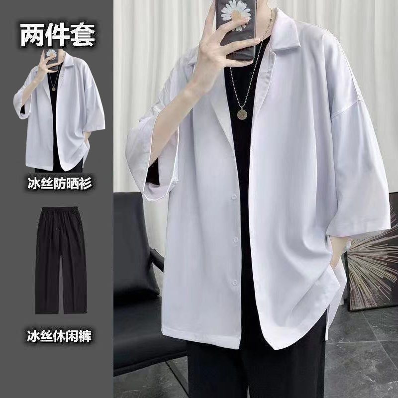 [Two-piece set] Summer short-sleeved shirt men's Korean version loose trendy handsome ins casual all-match thin jacket