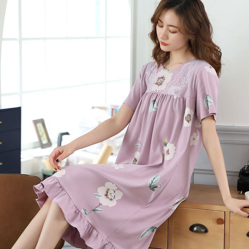 Brand high-end nightdress female summer modal cotton short-sleeved pajamas large size loose summer young and middle-aged home clothes