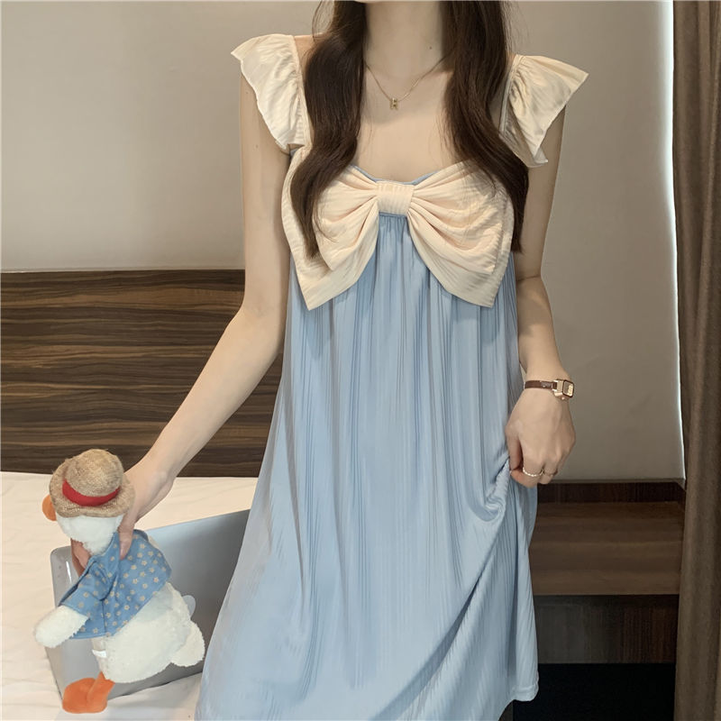 Sweet and lovely nightdress female summer new niche design bow lotus leaf sleeve loose girl pajamas set