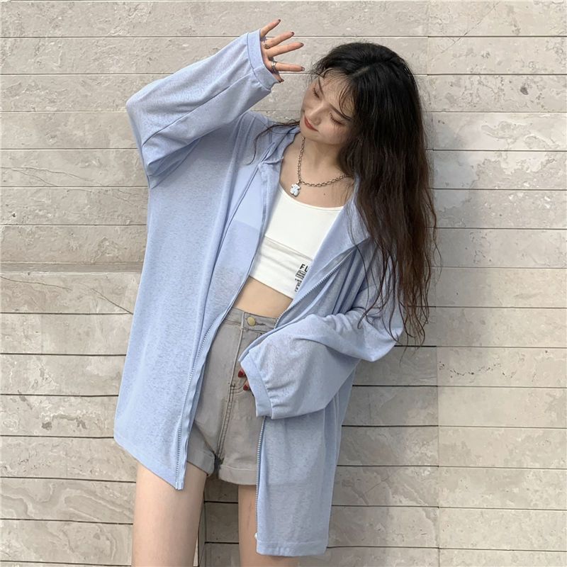 Harajuku women's new sun protection clothing Korean version loose hooded solid color jacket women's thin section breathable cardigan summer ins tide