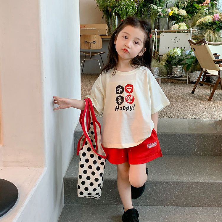 Pure cotton girls' national trendy short-sleeved T-shirt summer new style middle and big children's fashionable foreign style simple loose round neck top