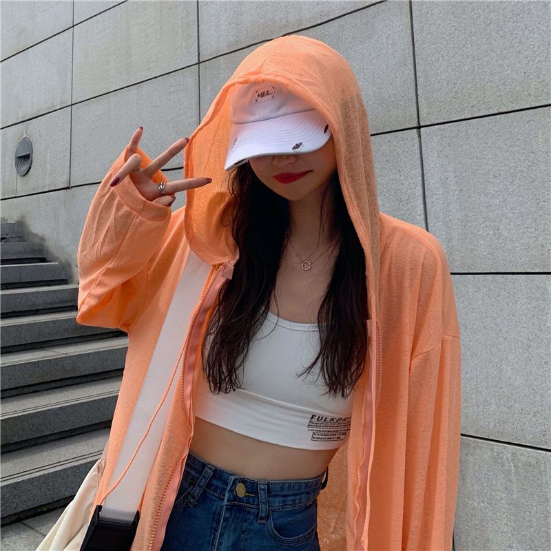 Harajuku women's new sun protection clothing Korean version loose hooded solid color jacket women's thin section breathable cardigan summer ins tide