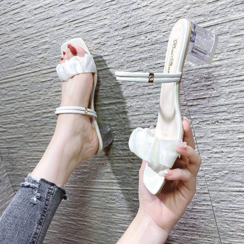 两穿凉拖鞋女2023年夏季新款韩版方头粗跟一字带两穿透明跟拖鞋女