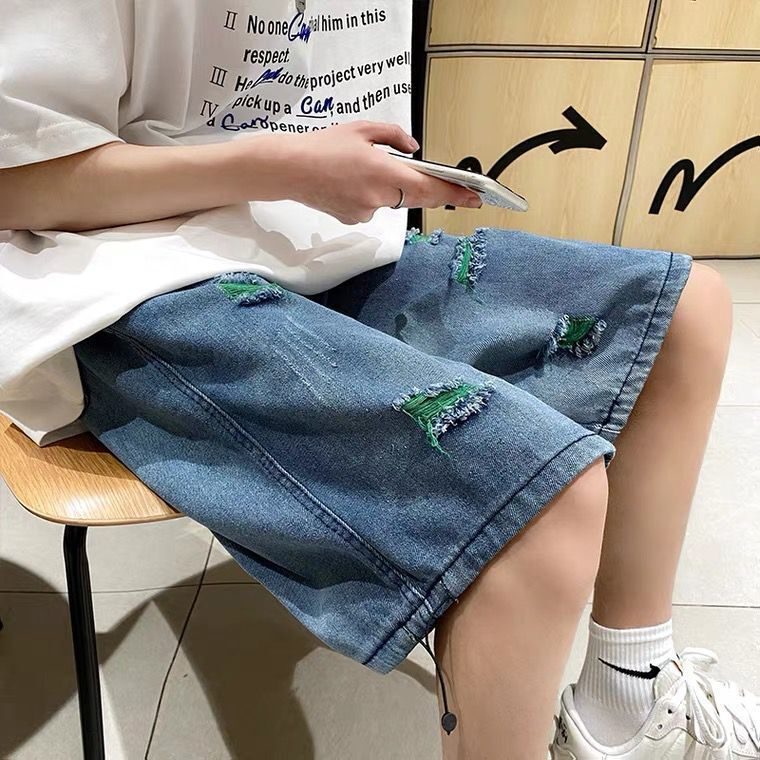 Street ripped denim shorts men's hip-hop trendy brand ins Hong Kong style five-point pants summer thin section ruffian handsome trendy pants