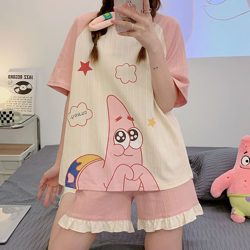 Pajamas women's summer thin section short-sleeved suit cute cartoon student loose version plus size home service can be worn outside summer