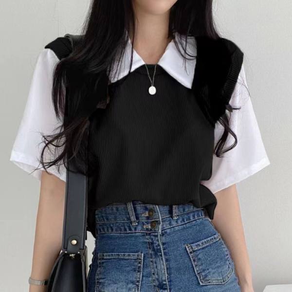 POLO collar fake two-piece college style simple color matching short-sleeved lapel T-shirt women loose slim casual all-match tops