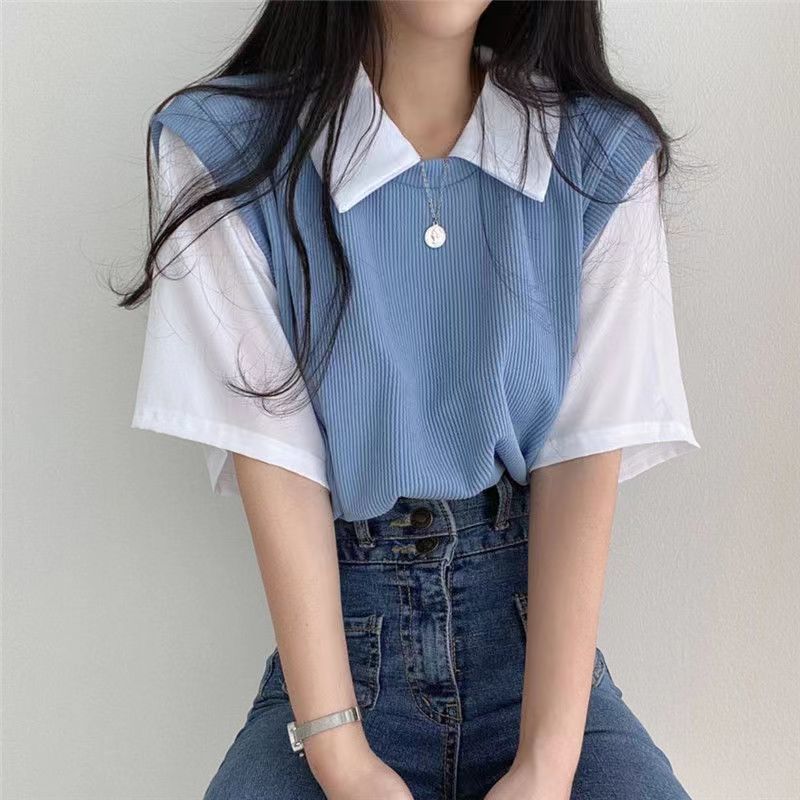 POLO collar fake two-piece college style simple color matching short-sleeved lapel T-shirt women loose slim casual all-match tops