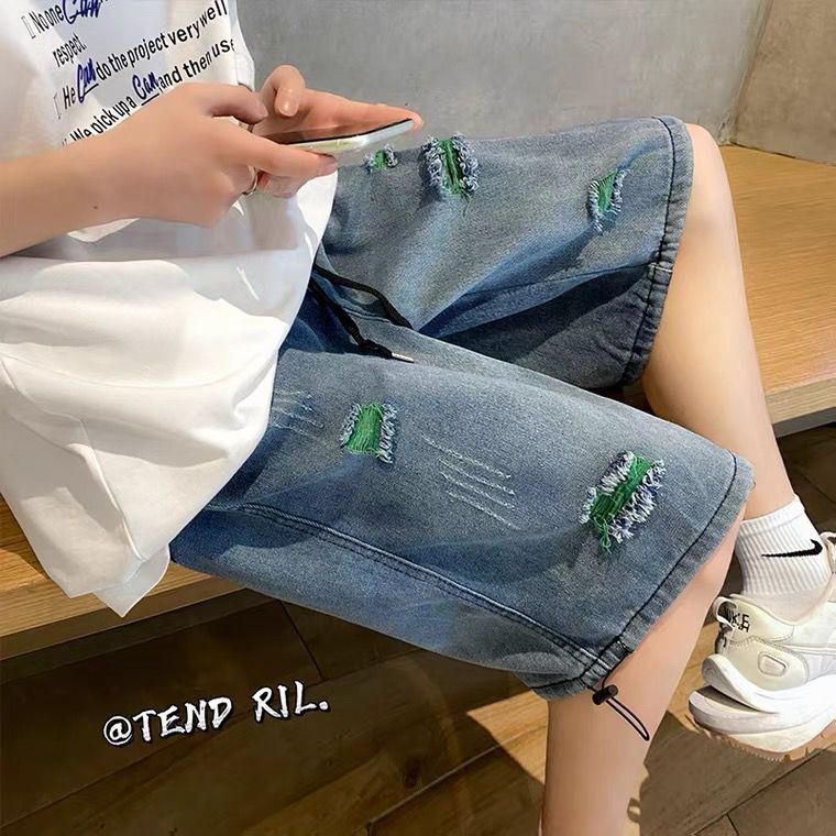Street ripped denim shorts men's hip-hop trendy brand ins Hong Kong style five-point pants summer thin section ruffian handsome trendy pants