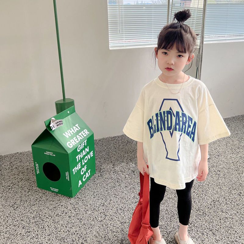 Korean girls short-sleeved t-shirt 2023 summer children's t-shirt foreign style printed letters pure cotton half-sleeved children's clothing top