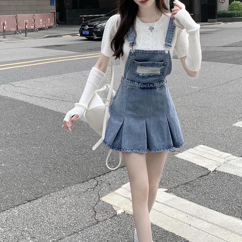 少女感時尚牛仔背帶裙子夏季2022新款可鹽可甜高腰百褶連衣裙女潮
