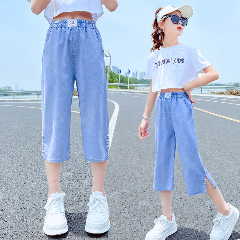 女童褲子夏裝大童休閒洋氣七分褲夏季薄款外穿馬褲夏款兒童牛仔褲