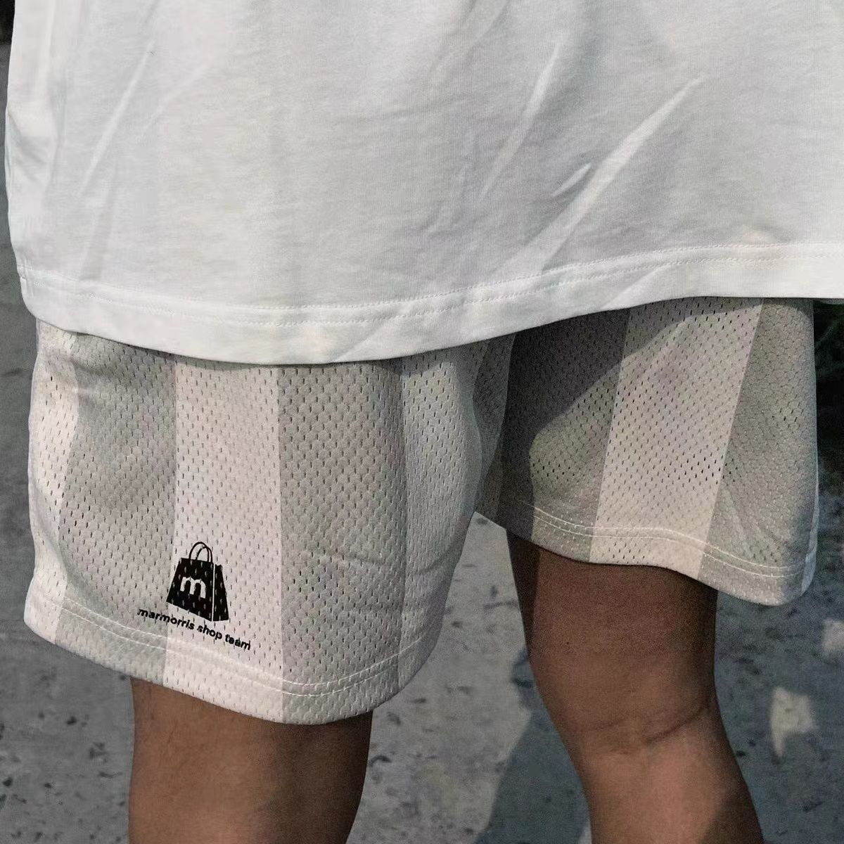 Summer color matching striped mesh printing breathable quick-drying shorts men's quarter-length knee waist drawstring American shorts