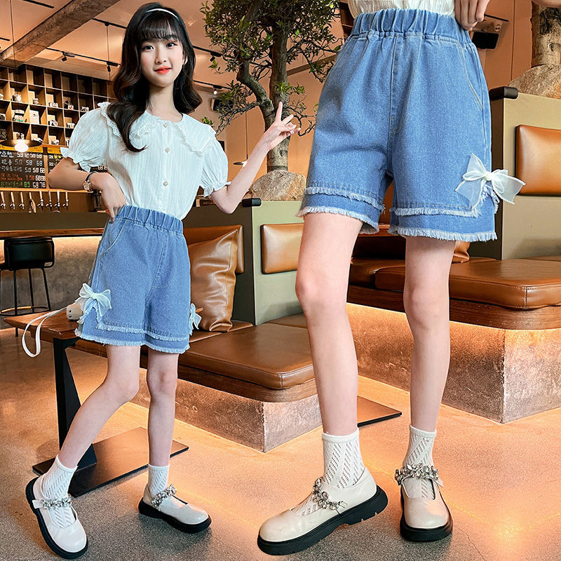 Girls denim shorts children's Korean version high waist loose hot pants  new summer thin section big boys and girls pants