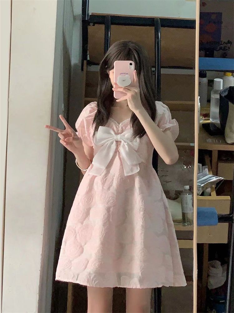 Japanese sweet and soft girl V-neck bow waist slimming printed dress small Korean style super fairy princess dress