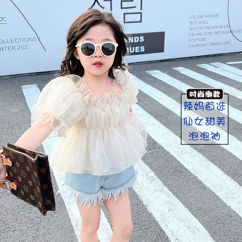 Baby summer new girl's suit fairy bubble short-sleeved top children's fashion foreign style flared pants two-piece set