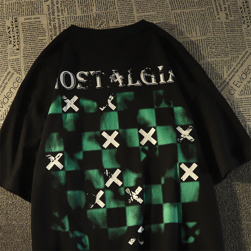 歐美潮牌棋盤格100%純棉短袖t恤男寬鬆ins港風百搭情侶裝半袖體恤
