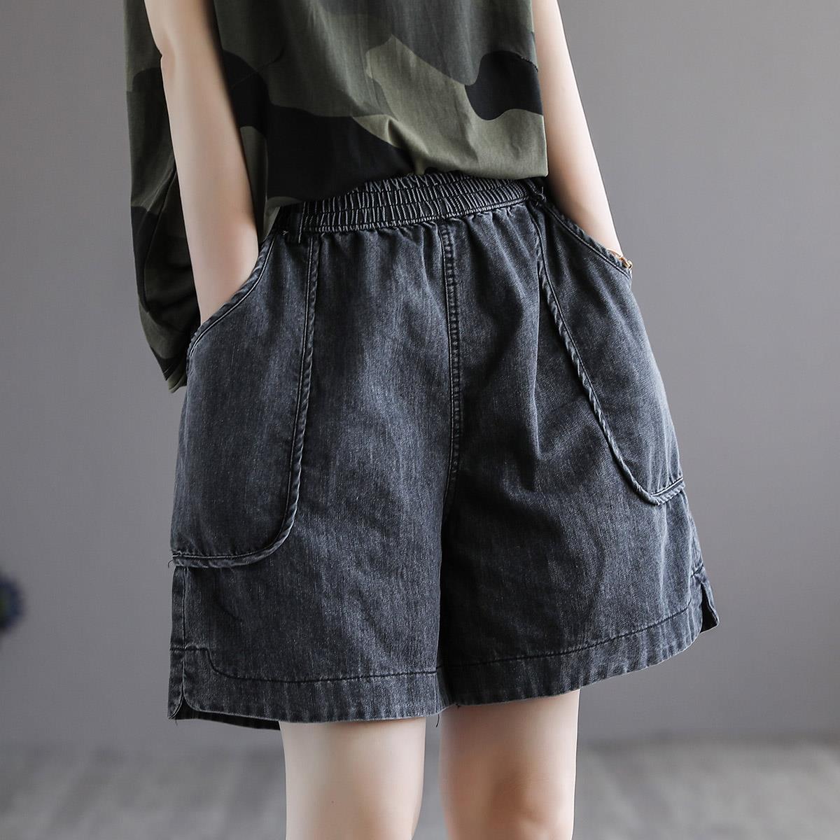 Literary and retro large pockets loose and thin denim shorts women's summer thin section large size all-match casual wide-leg pants tide