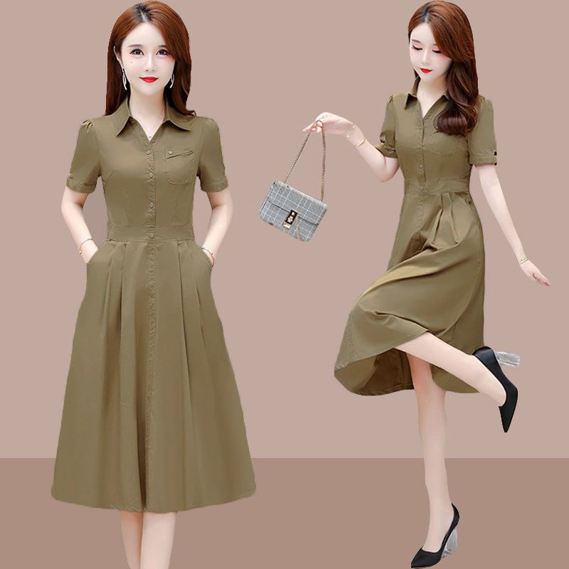 French temperament retro solid color stitching loose short-sleeved dress women's large size 2023 summer new T-shirt skirt