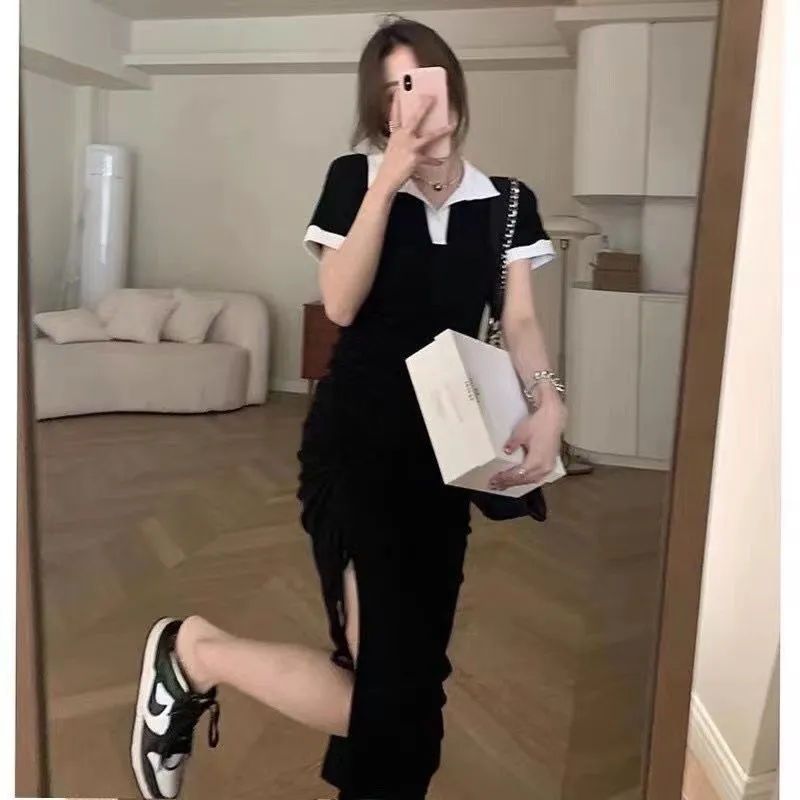 Hot girls go out on the street and hit the color polo collar dress female  summer new drawstring fashion pleated slit long skirt