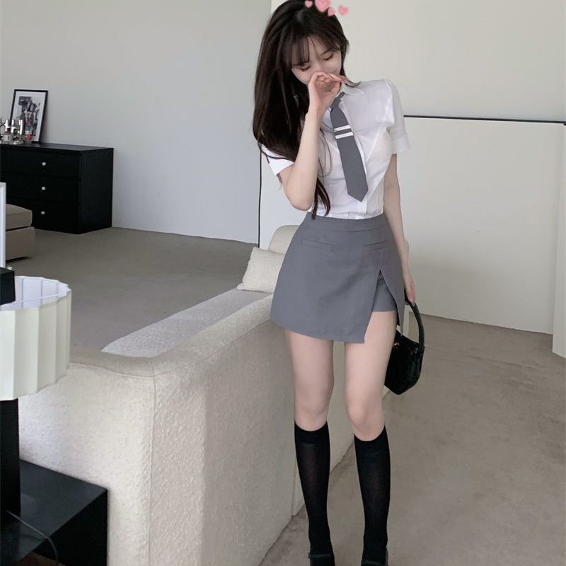学院风韩系短袖衬衫套装女装夏季新款显瘦设计感衬衣灰色开叉短裙