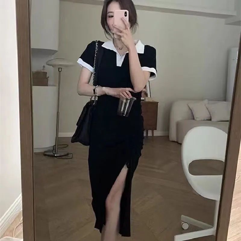 Hot girls go out on the street and hit the color polo collar dress female  summer new drawstring fashion pleated slit long skirt