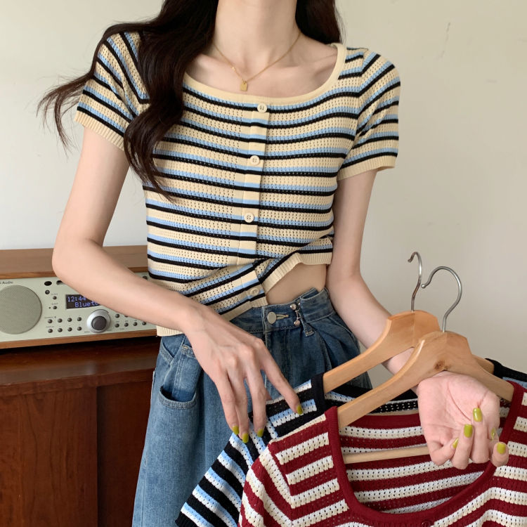 Large size ice silk striped sweater 2023 summer fat mm square collar short-sleeved top loose slim shoulder T-shirt female
