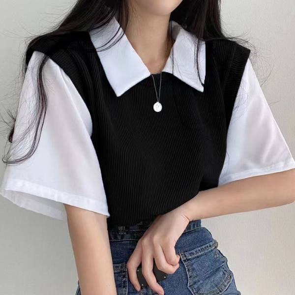 POLO collar fake two-piece college style simple color matching short-sleeved lapel T-shirt women loose slim casual all-match tops