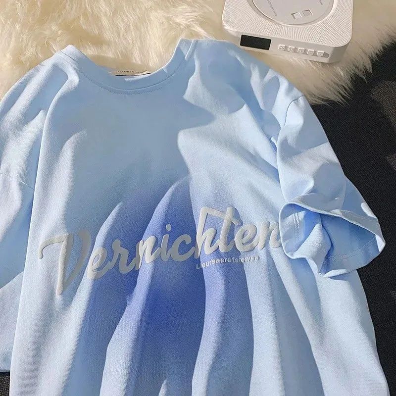 100% non-balling gradient circle design feeling niche short-sleeved T-shirt women's loose all-match casual couple tee half-sleeved