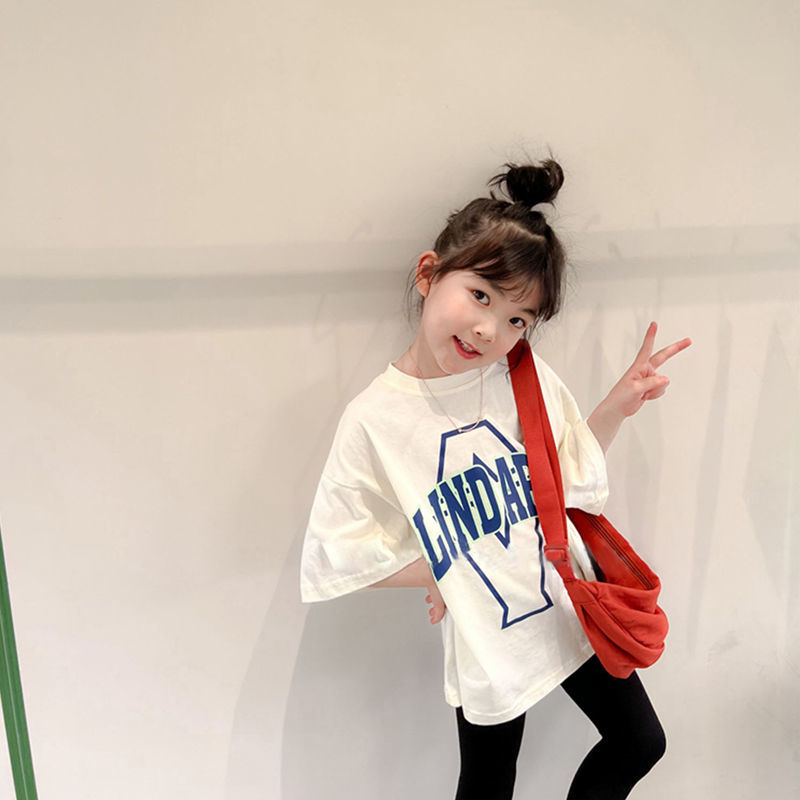 Korean girls short-sleeved t-shirt 2023 summer children's t-shirt foreign style printed letters pure cotton half-sleeved children's clothing top