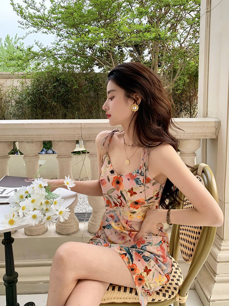 OUKABUYI Summer Peach Crush Flower Dress Women's New Niche Design Sense of Pure Desire Slim Sling Skirt
