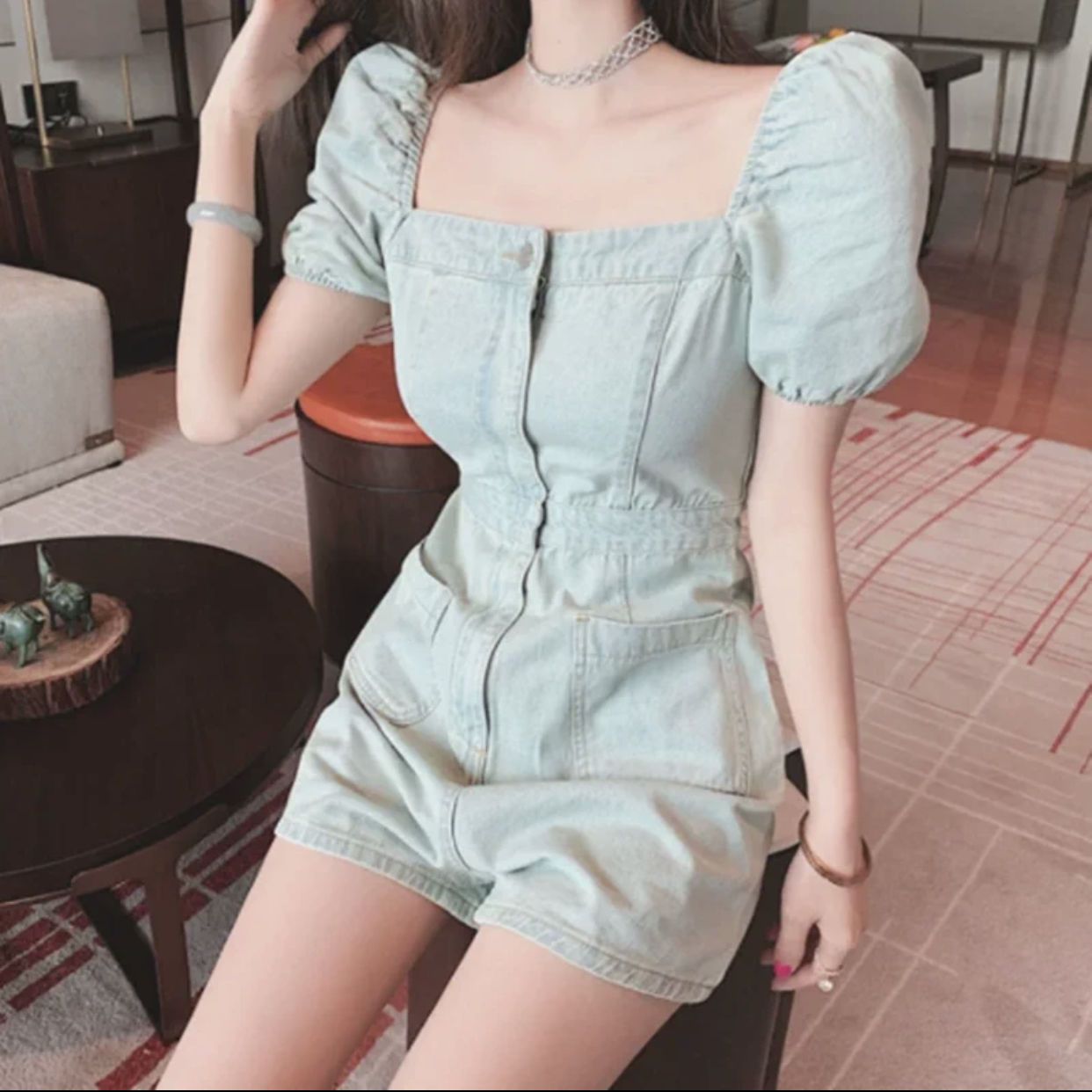 Hot girl design sense square collar denim jumpsuit female summer 2022 new small net red slim straight shorts female