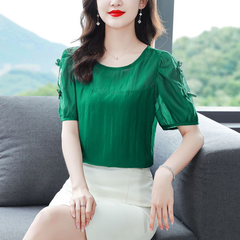 2023夏季新款棉麻小衫圓領套頭短袖上衣寬鬆顯瘦大碼遮肚子女裝