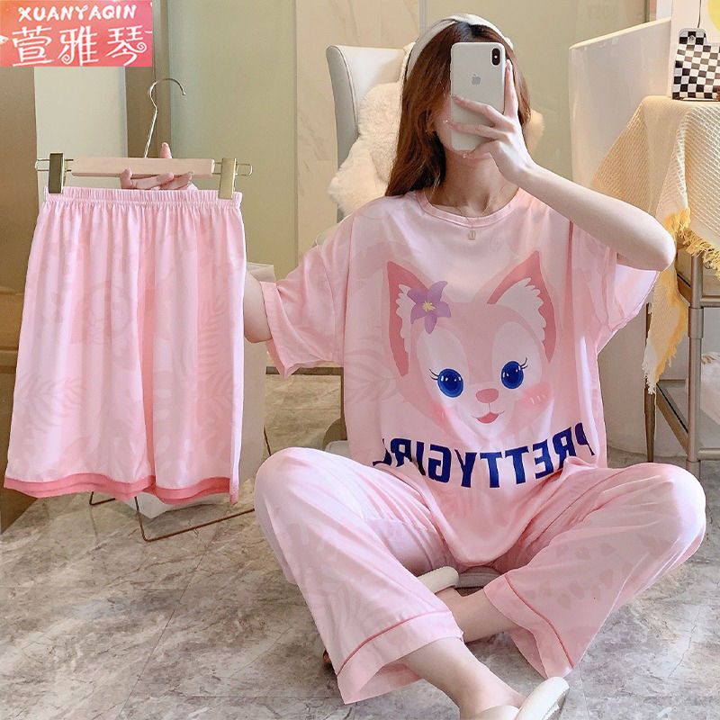 Pajamas women's summer short-sleeved simple student sweet casual loose plus size three-piece suit that can be worn outside