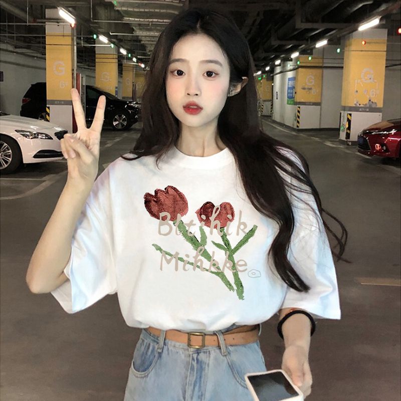 印花打底衫短袖上衣2023年夏季新款寬鬆設計感小眾白色t恤女裝潮