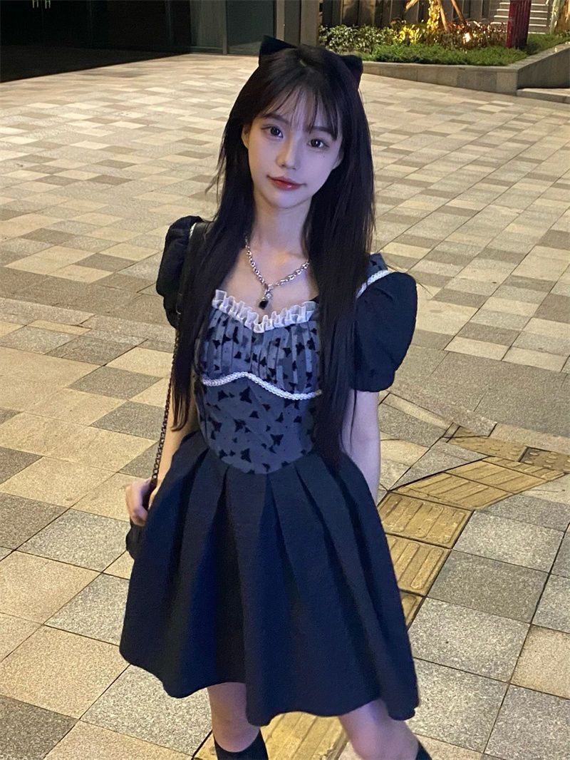 Design sense splicing and contrasting color chic little black dress slim and thin dress summer new bubble short-sleeved dress